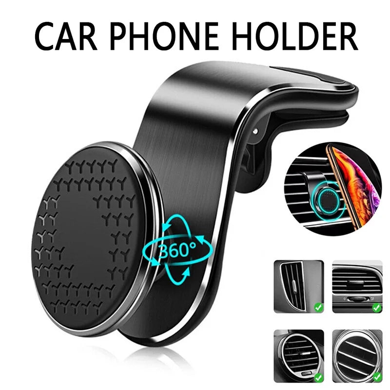 360° magnetic car phone holder with strong magnetic grip, adjustable rotating base, and secure dashboard or air vent mounting for safe driving.