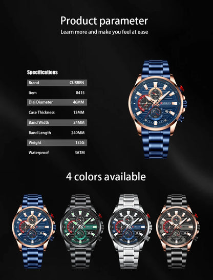 CURREN Men’s Quartz Chronograph Watch – Stainless Steel Sports Casual Wristwatch