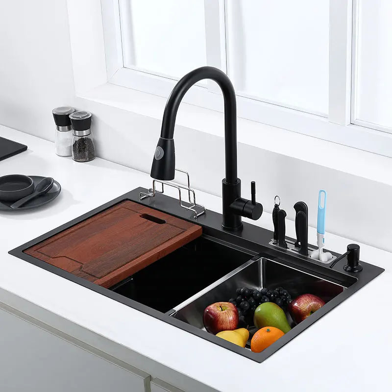 Stainless Steel Multifunction Waterfall Kitchen Sink with waterfall faucet, spacious basin, and integrated accessories for modern kitchens.