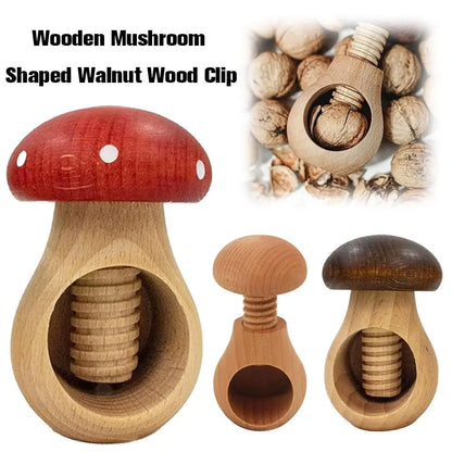 Mushroom-shaped wooden nutcracker for cracking nuts easily with durable wood design and compact kitchen tool functionality.
