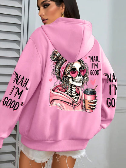Women Funny Printing Hoodie – Loose Multicolor Fleece Hoody