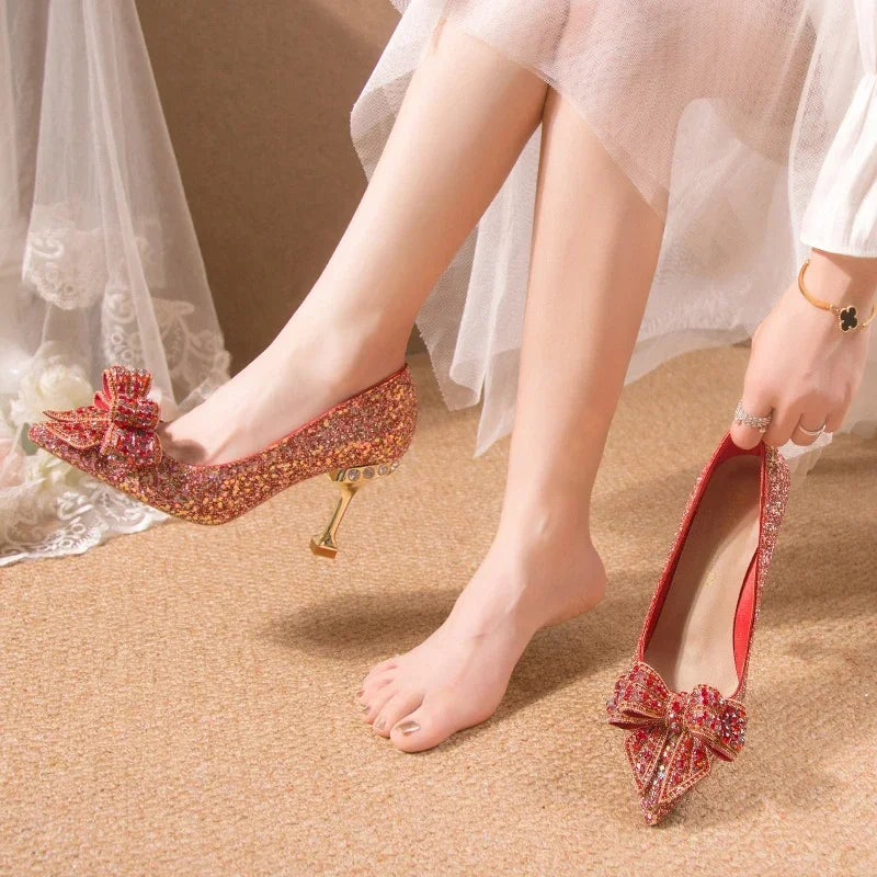 Luxury Women’s Wedding High Heels – Buckle Shoes in Gold, Silver & Red