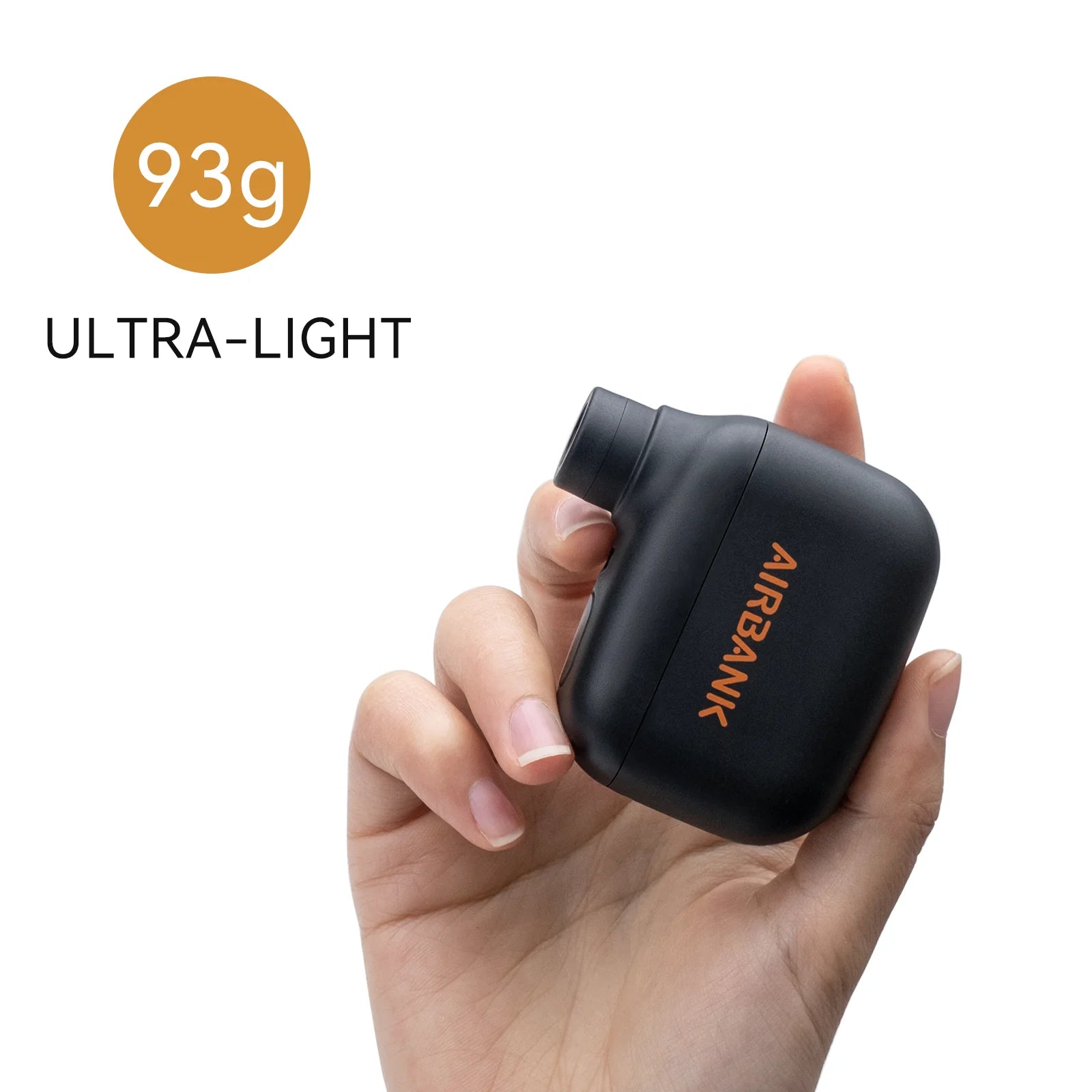 Hand holding an ultra-light black device with 'AIRBANK' branding, weight 93g, on a white background.