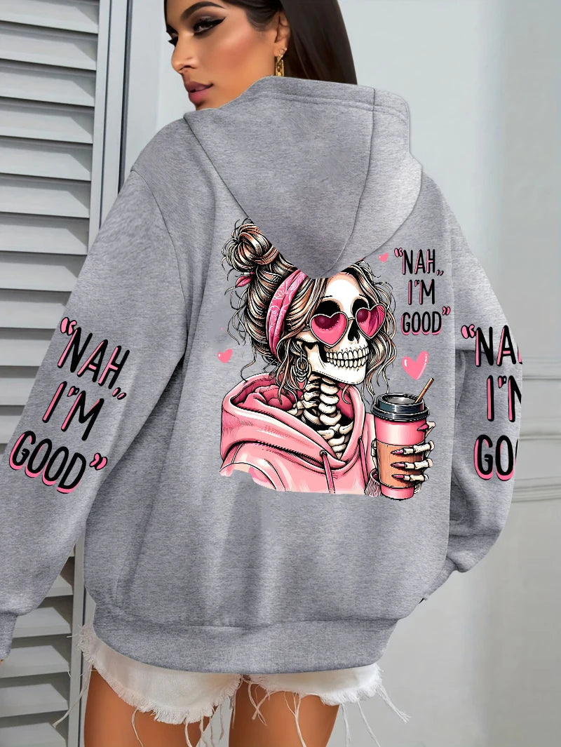 Women Funny Printing Hoodie – Loose Multicolor Fleece Hoody