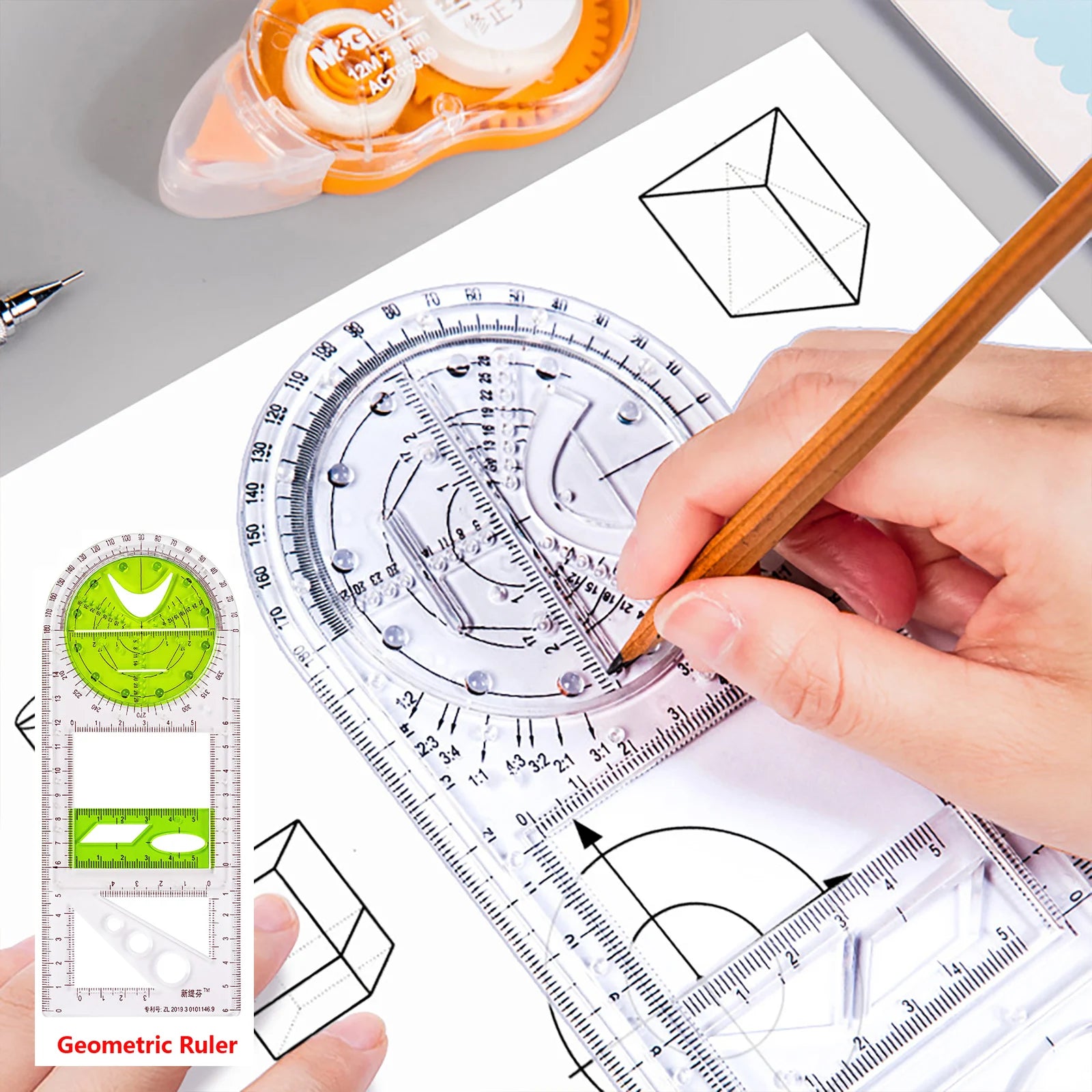 Rotatable drawing ruler for geometry, drafting, measuring, and precise angle drawing.