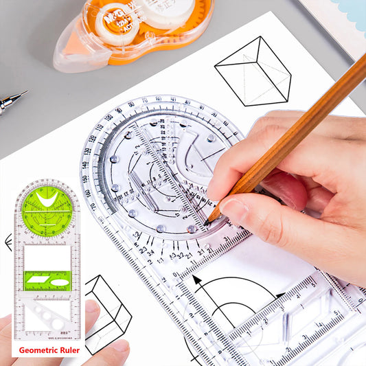 Rotatable drawing ruler for geometry, drafting, measuring, and precise angle drawing.