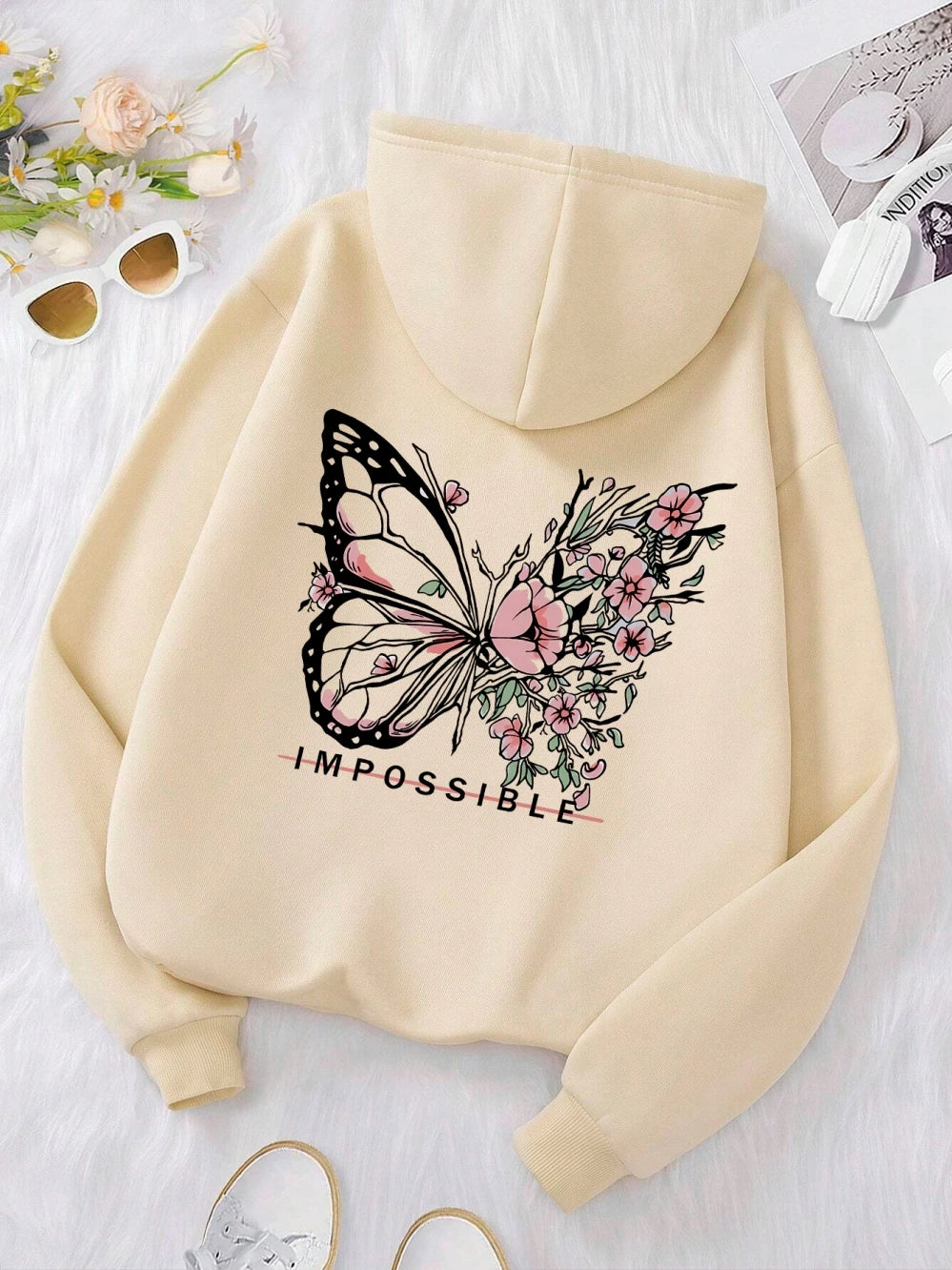 Women’s Rose Butterfly Print Hoodie – Casual Fleece Pullover.