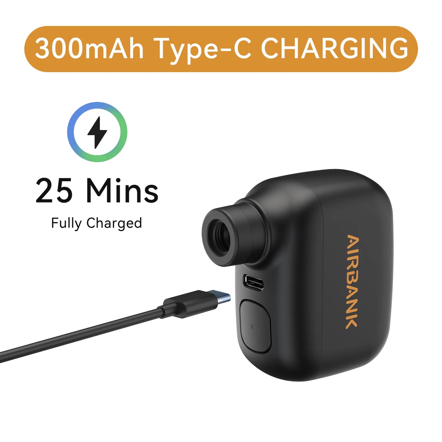 Black electronic device with charging cable and text indicating 300mAh Type-C charging and 25 minutes to fully charge.