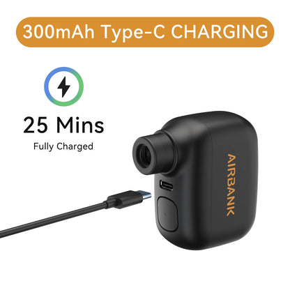 Black electronic device with charging cable and text indicating 300mAh Type-C charging and 25 minutes to fully charge.
