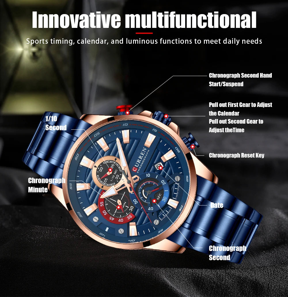 CURREN Men’s Quartz Chronograph Watch – Stainless Steel Sports Casual Wristwatch