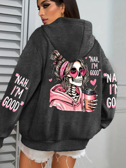 Women Funny Printing Hoodie – Loose Multicolor Fleece Hoody