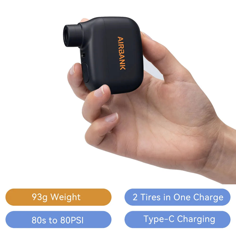 Hand holding a black Airbank device with product features displayed below.