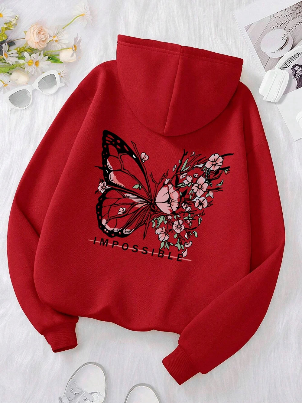 Women’s Rose Butterfly Print Hoodie – Casual Fleece Pullover.