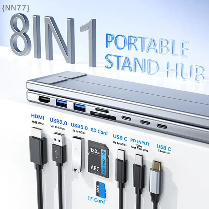 8-in-1 portable stand hub with multiple ports and cables on a white background