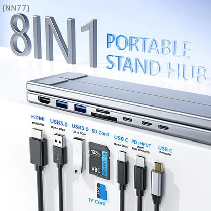 8-in-1 portable stand hub with multiple ports and cables on a white background