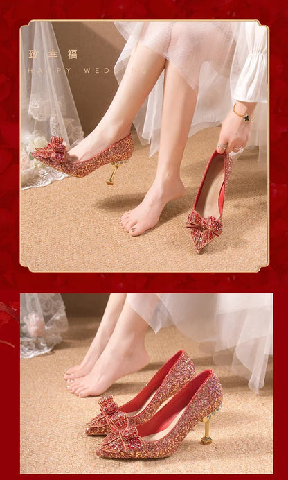 Luxury Women’s Wedding High Heels – Buckle Shoes in Gold, Silver & Red