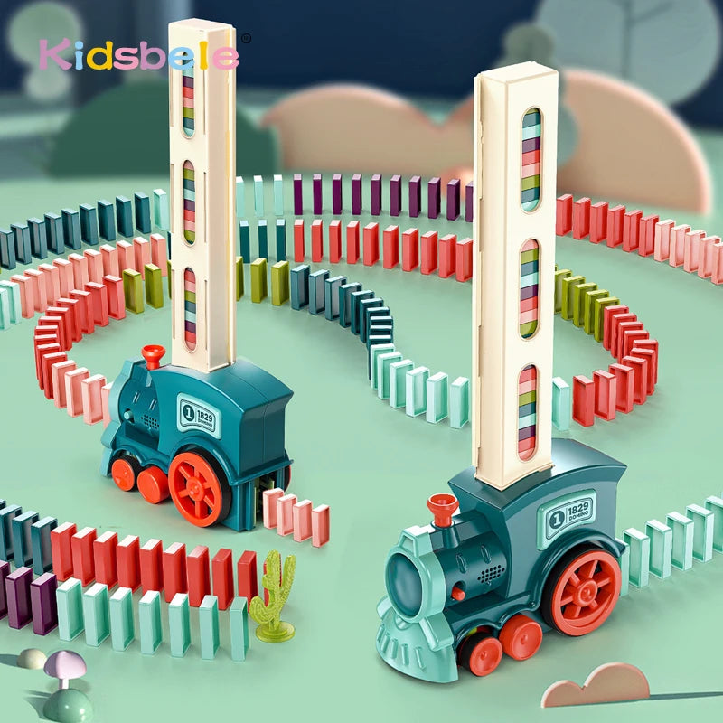 Kids automatic laying domino train toy that lines up dominoes automatically for fun play.