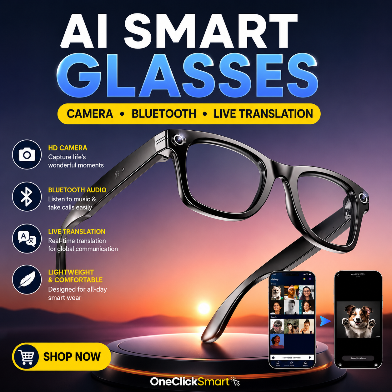 AI Smart Glasses with HD Camera Bluetooth Calling and Real-Time Translation