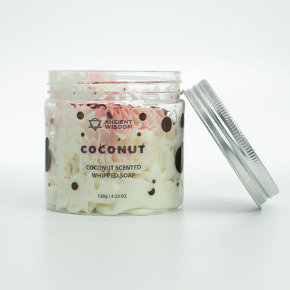 Coconut Whipped Soap 120g creamy and fluffy body cleanser with coconut fragrance for gentle cleansing, hydration, and soft smooth skin.