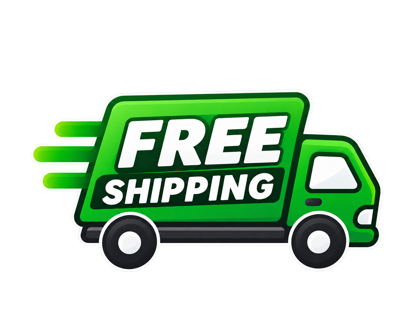 A green cartoon delivery truck with the words 'FREE SHIPPING' in large white letters on a plain white background.
