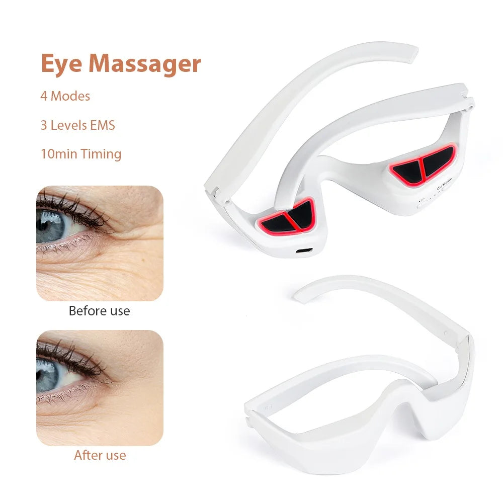 Eye massager with before and after use images on a white background